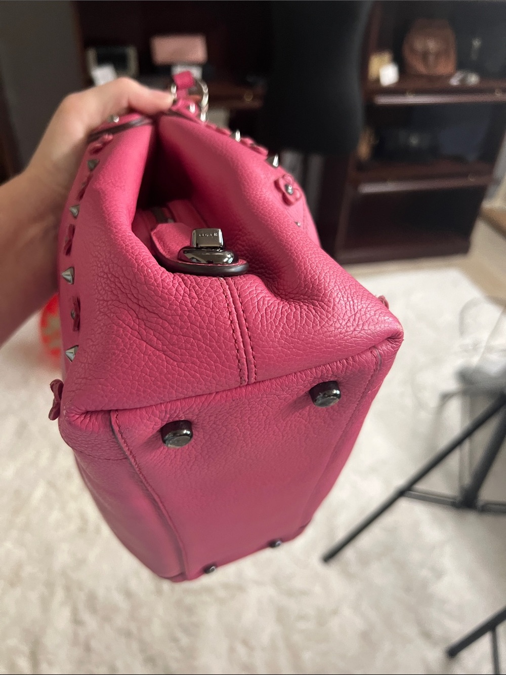 Coach Edie Dahlia Rivet Gunmetal Pink Pebbled Leather Shoulder Bag - Picture 5 of 11